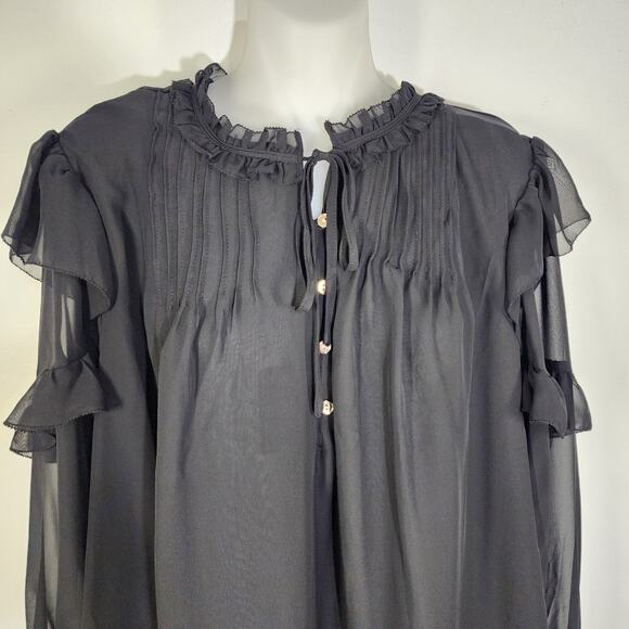 NWT Lane Bryant Womens Split Neck Popover Blouse Black Sheer Ruffle Pleated 18 - Picture 3 of 14